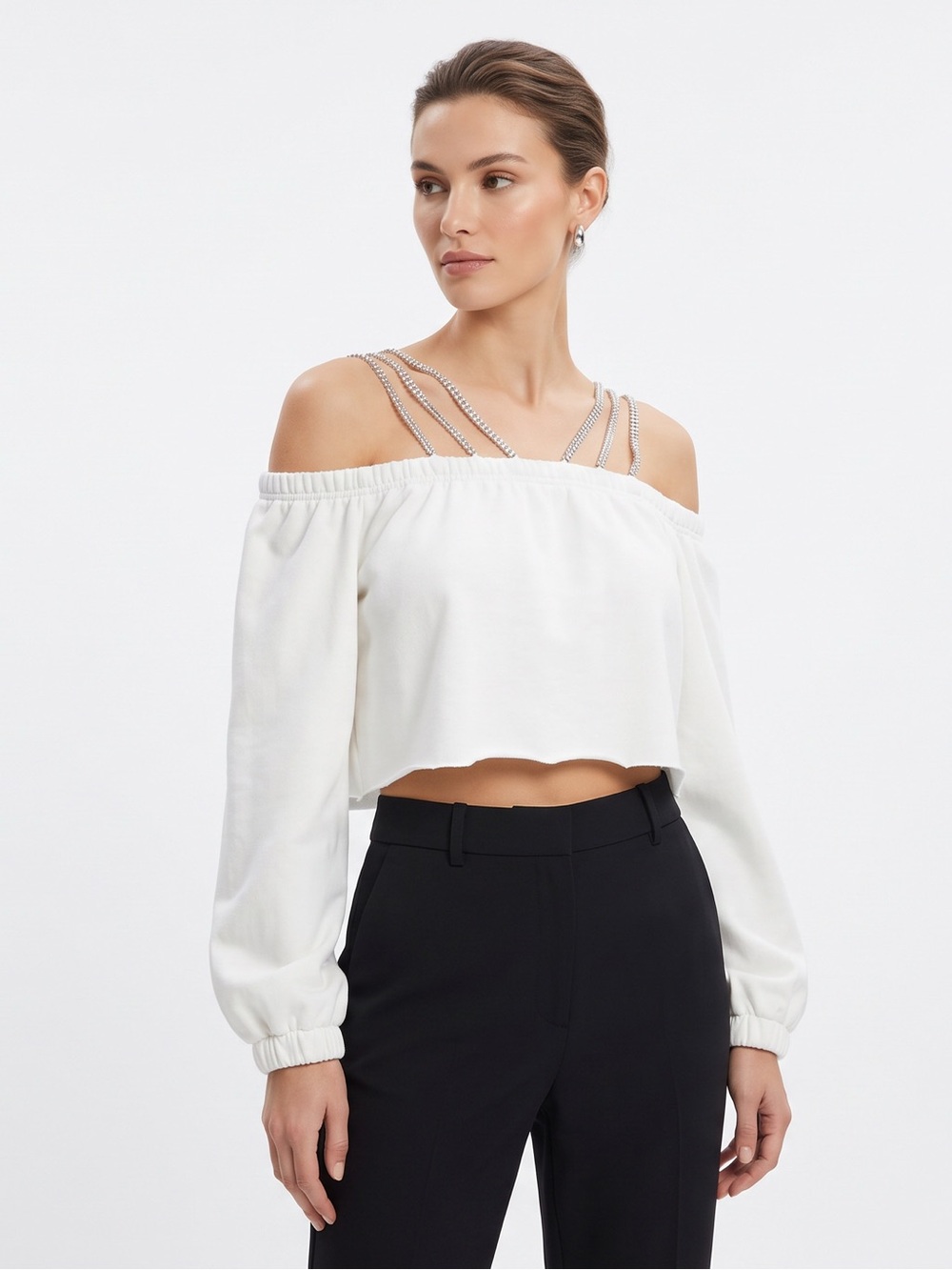 AKIRA Stop Calling Me Rhinestone Off the Shoulder Crop Top